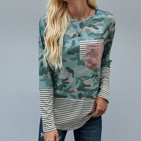 Camo Striped Sequin Pocket long Sleeve Shirt - Picture 4 of 8